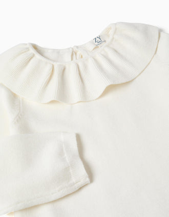 Jersey de punto con cuello con volantes para bebé niña, blanco