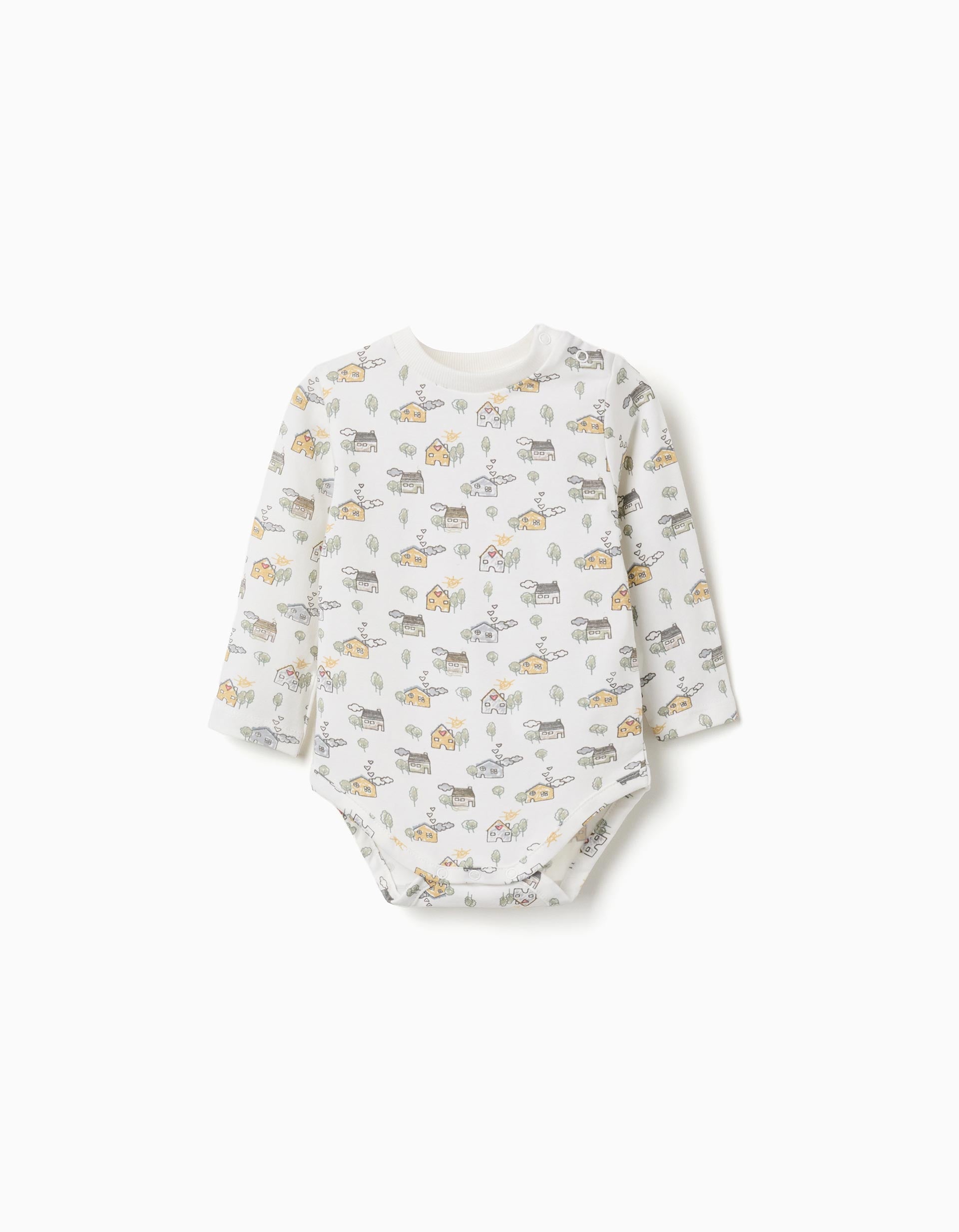 Long sleeve bodysuit with house and tree motif for newborns, white