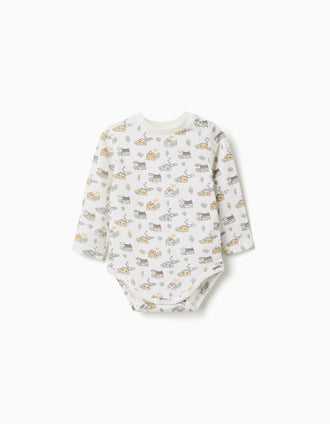 Long sleeve bodysuit with house and tree motif for newborns, white