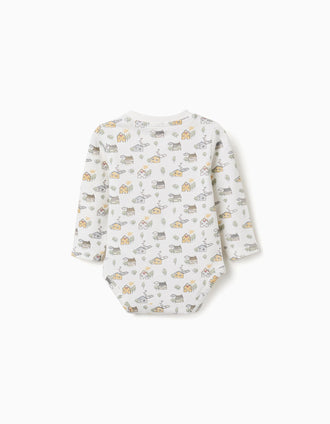 Long sleeve bodysuit with house and tree motif for newborns, white