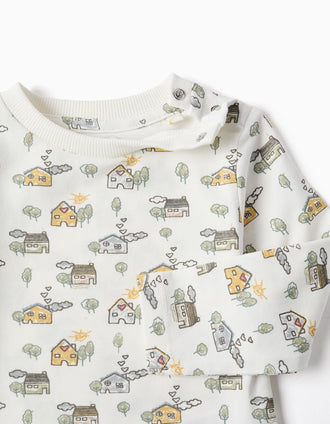 Long sleeve bodysuit with house and tree motif for newborns, white