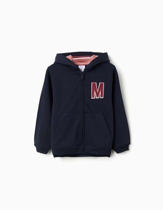 Hooded fleece jacket with embroidered M for girls, navy blue