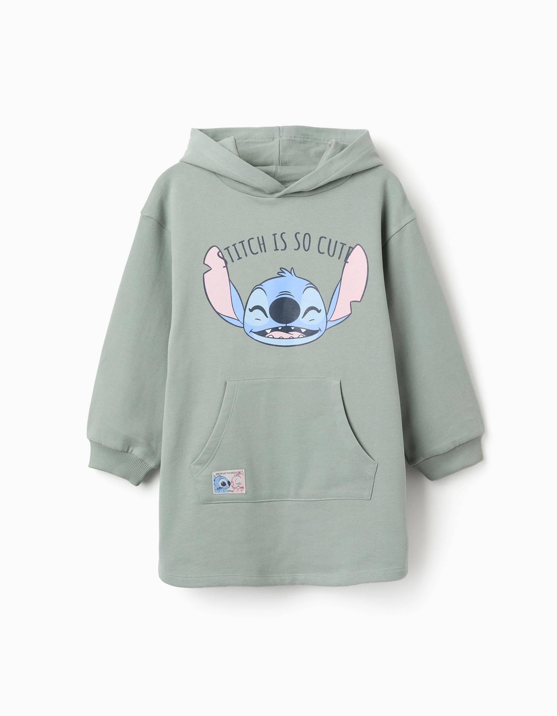 Vestido cardado com capuz e estampado Stitch para menina, verde-claro