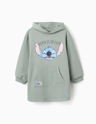 Vestido cardado com capuz e estampado Stitch para menina, verde-claro