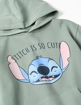 Vestido cardado com capuz e estampado Stitch para menina, verde-claro