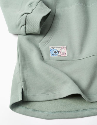 Vestido cardado com capuz e estampado Stitch para menina, verde-claro