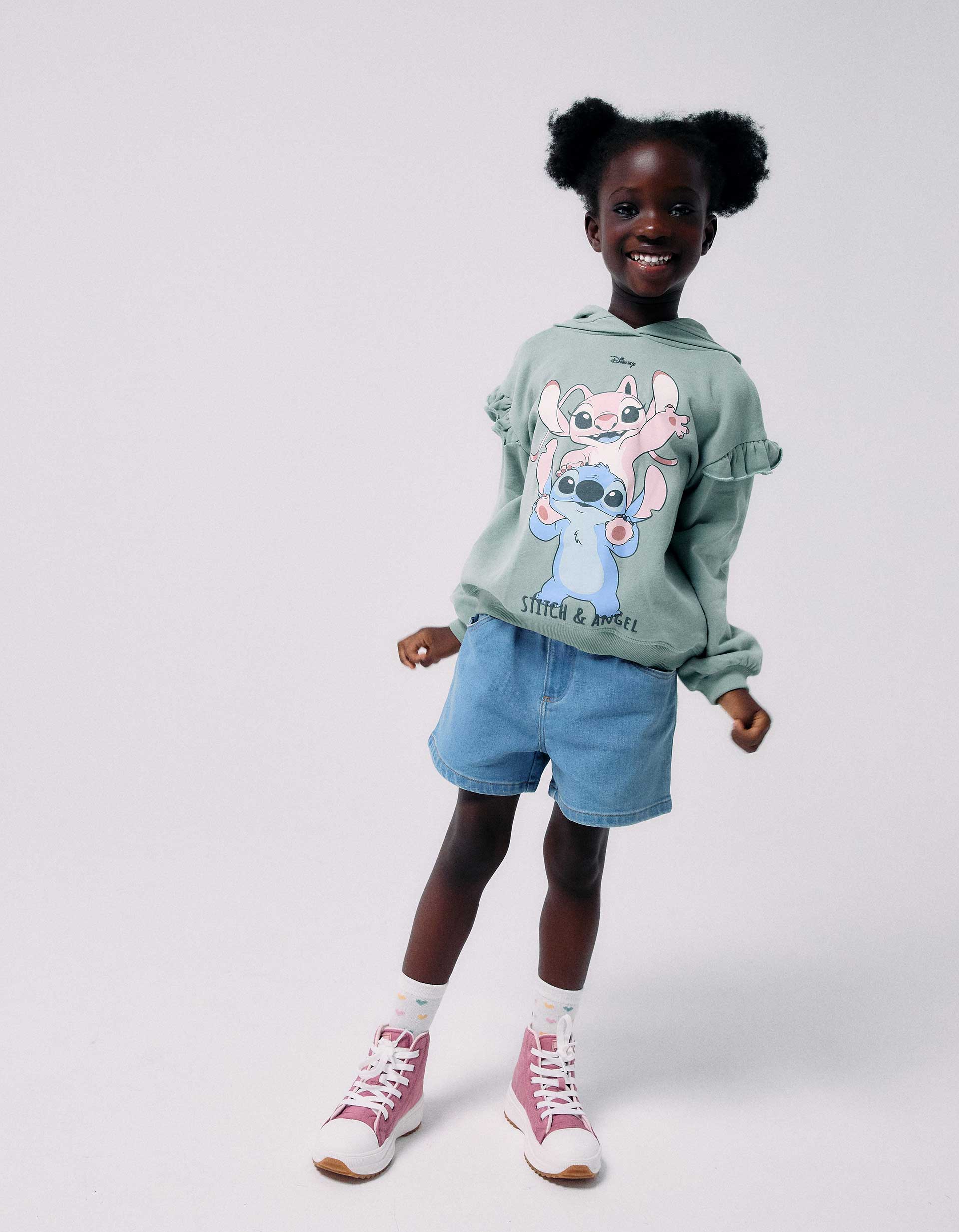 Brushed hooded sweatshirt with Stitch & Angel for girls, dark green