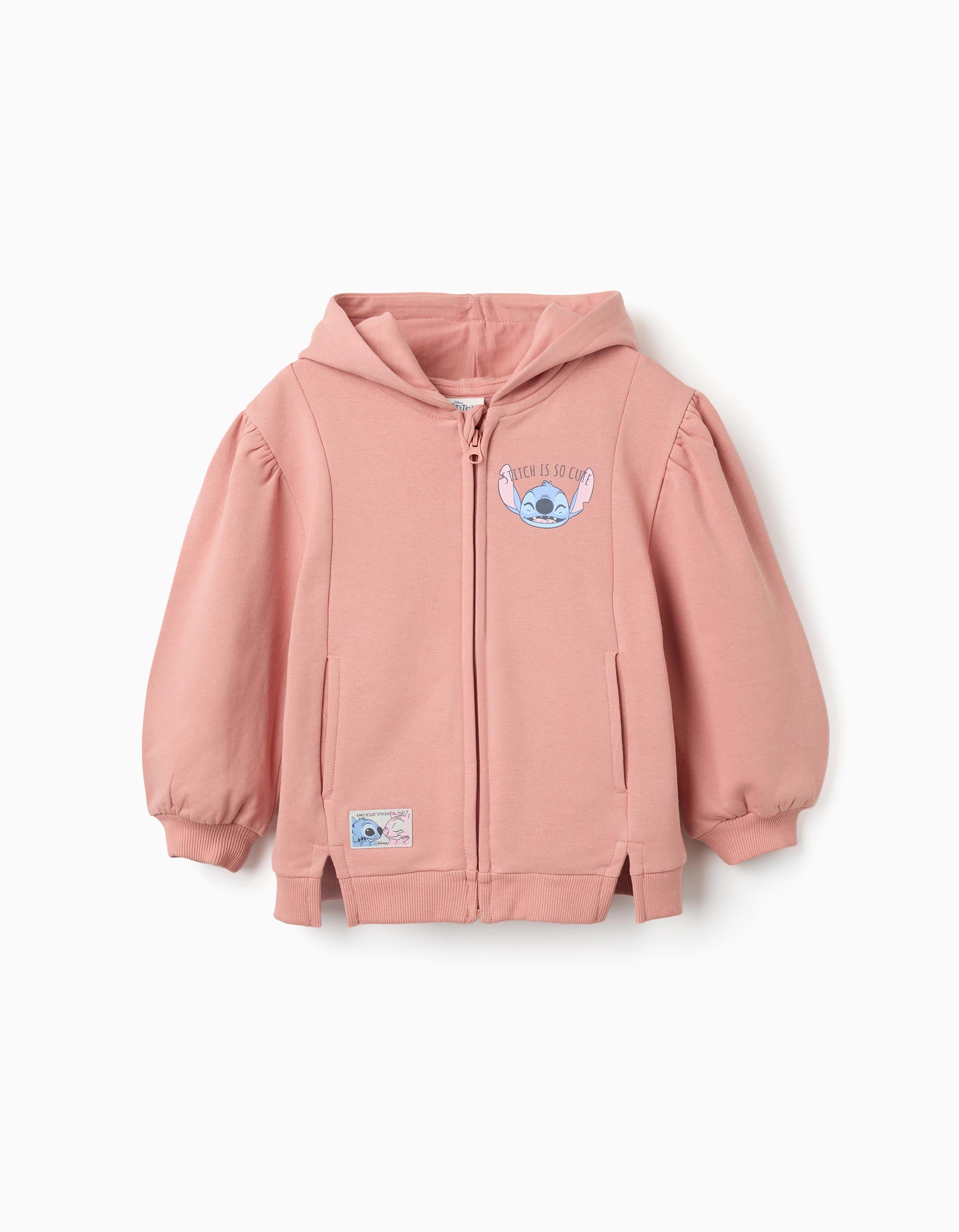 Casaco de felpa cardada com capuz e estampado Stitch para menina, rosa