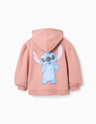 Casaco de felpa cardada com capuz e estampado Stitch para menina, rosa