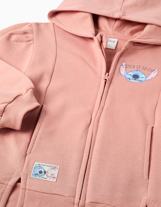 Casaco de felpa cardada com capuz e estampado Stitch para menina, rosa