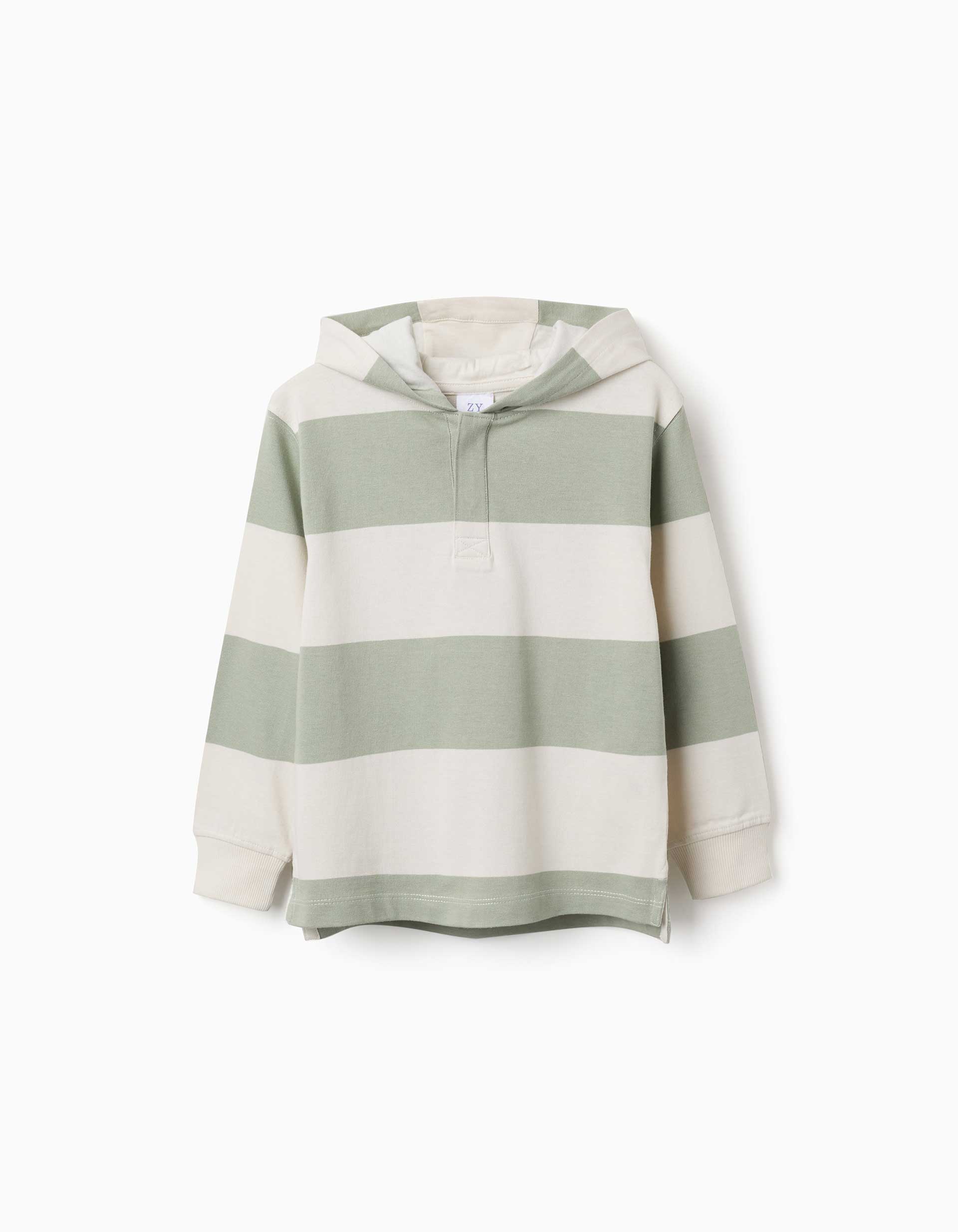 Hooded cotton sweatshirt with stripes for boys, light beige/green