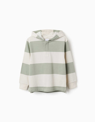 Hooded cotton sweatshirt with stripes for boys, light beige/green