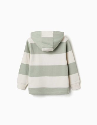 Hooded cotton sweatshirt with stripes for boys, light beige/green