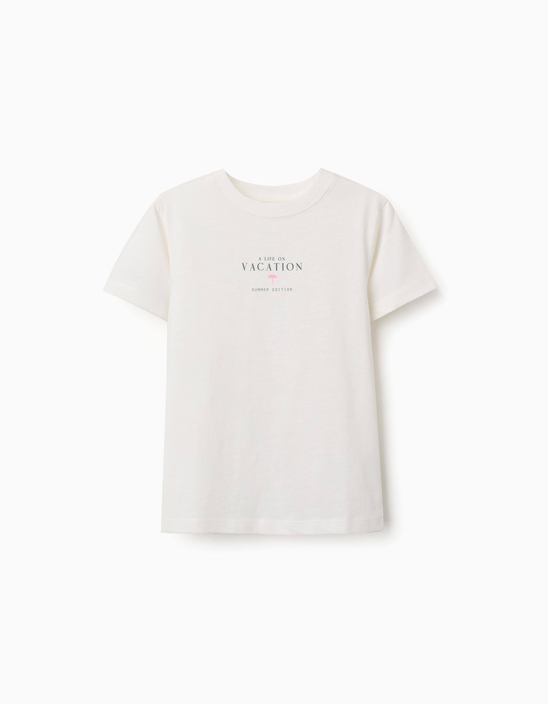 Camiseta de algodón con estampado Vacation para niño, beige claro