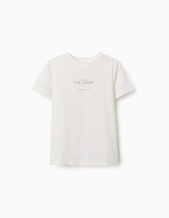 Camiseta de algodón con estampado Vacation para niño, beige claro