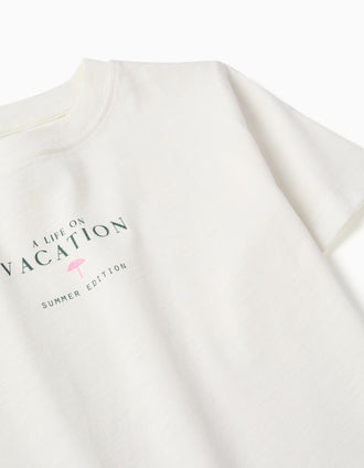Camiseta de algodón con estampado Vacation para niño, beige claro