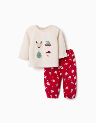 Pijama largo de felpa polar con bordados para bebé, blanco/rojo