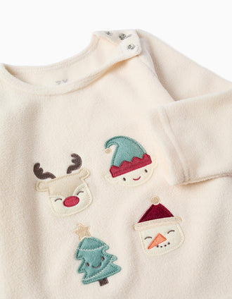 Pijama largo de felpa polar con bordados para bebé, blanco/rojo