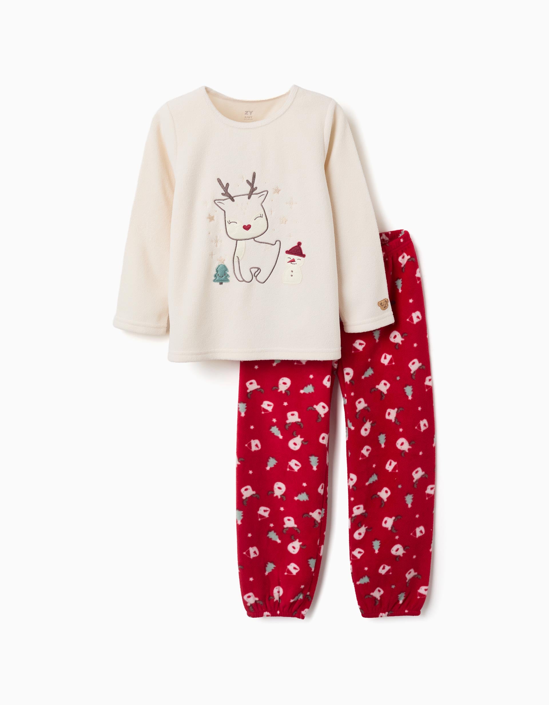 Pijama de felpa polar con bordado de reno para niña, blanco/rojo