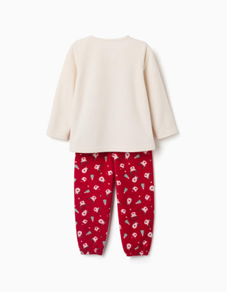 Pijama de felpa polar con bordado de reno para niña, blanco/rojo