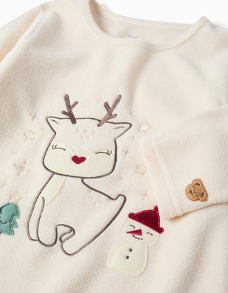 Pijama de felpa polar con bordado de reno para niña, blanco/rojo
