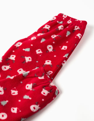 Pijama de felpa polar con bordado de reno para niña, blanco/rojo