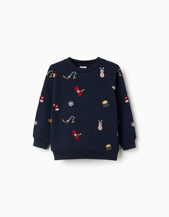 Brushed sweatshirt with festive motif for boys, navy blue