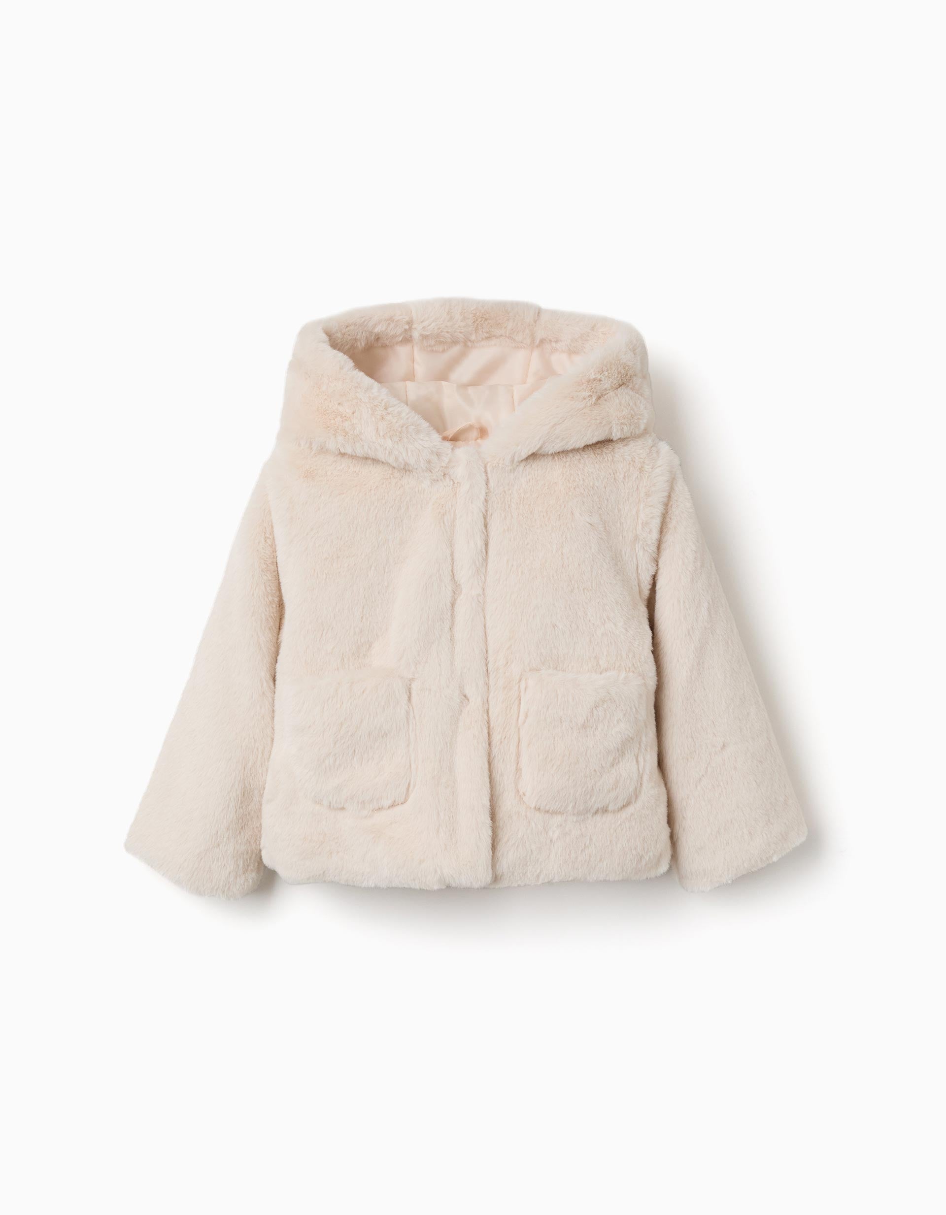 Chaqueta de pelo con capucha y bolsillos para bebé niña, beige claro
