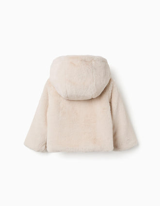 Chaqueta de pelo con capucha y bolsillos para bebé niña, beige claro