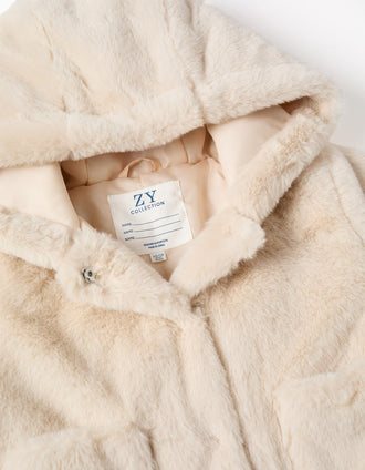 Chaqueta de pelo con capucha y bolsillos para bebé niña, beige claro