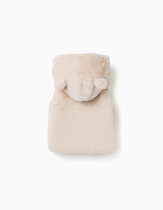 Chaleco de pelo con capucha y orejas 3D para bebé niña, beige claro