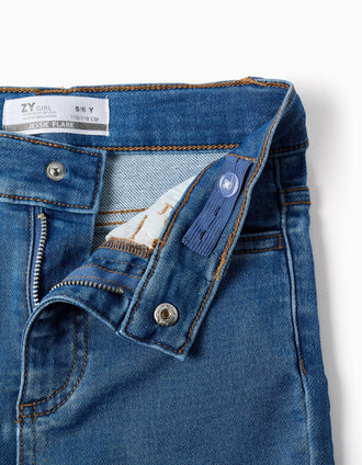 Calças de ganga flared com cintura ajustável e bolsos para menina, azul