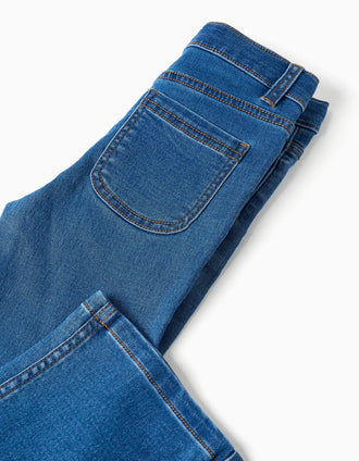 Calças de ganga flared com cintura ajustável e bolsos para menina, azul