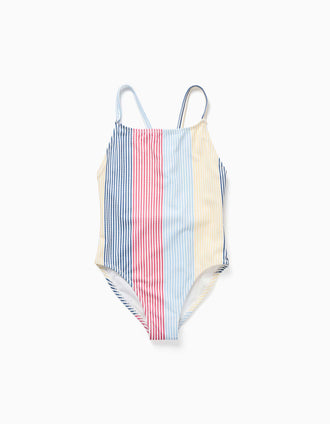 Striped swimsuit with crossed straps You&Me for girls, red/blue/yellow