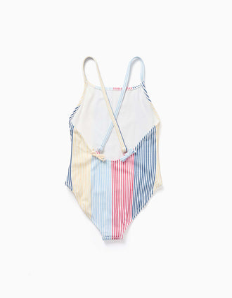 Striped swimsuit with crossed straps You&Me for girls, red/blue/yellow
