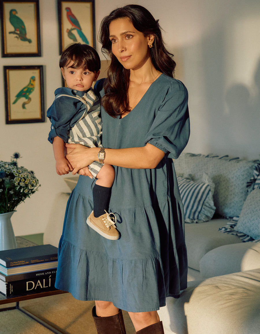 Vestido com mangas balão e recorte You&Me para mulher, azul