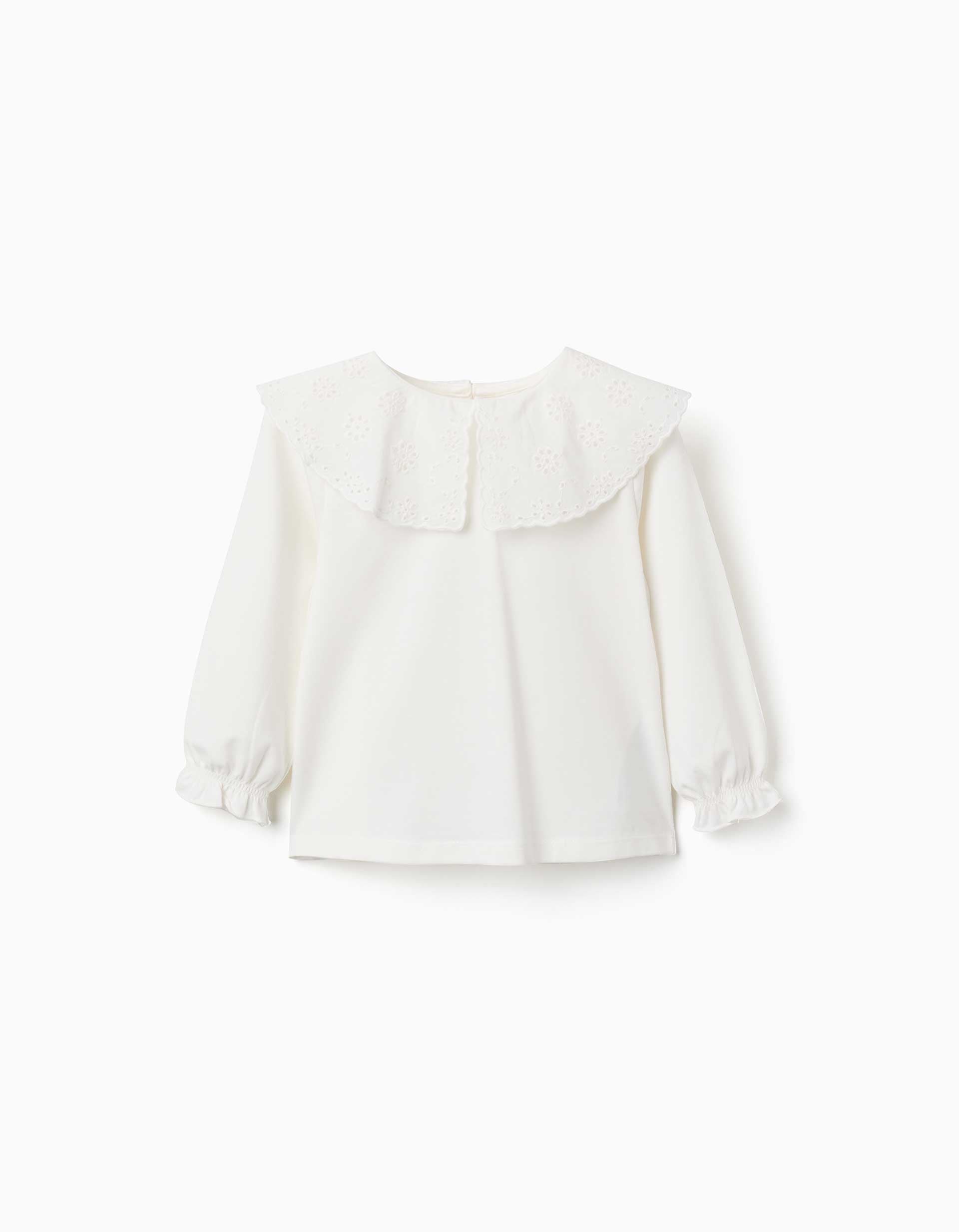 T-shirt de manga comprida com maxi gola bordada para bebé menina, branco