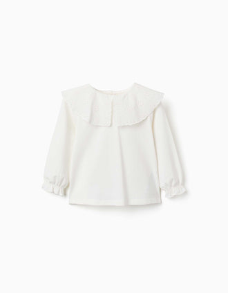 T-shirt de manga comprida com maxi gola bordada para bebé menina, branco