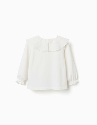 T-shirt de manga comprida com maxi gola bordada para bebé menina, branco
