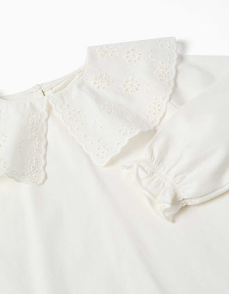T-shirt de manga comprida com maxi gola bordada para bebé menina, branco