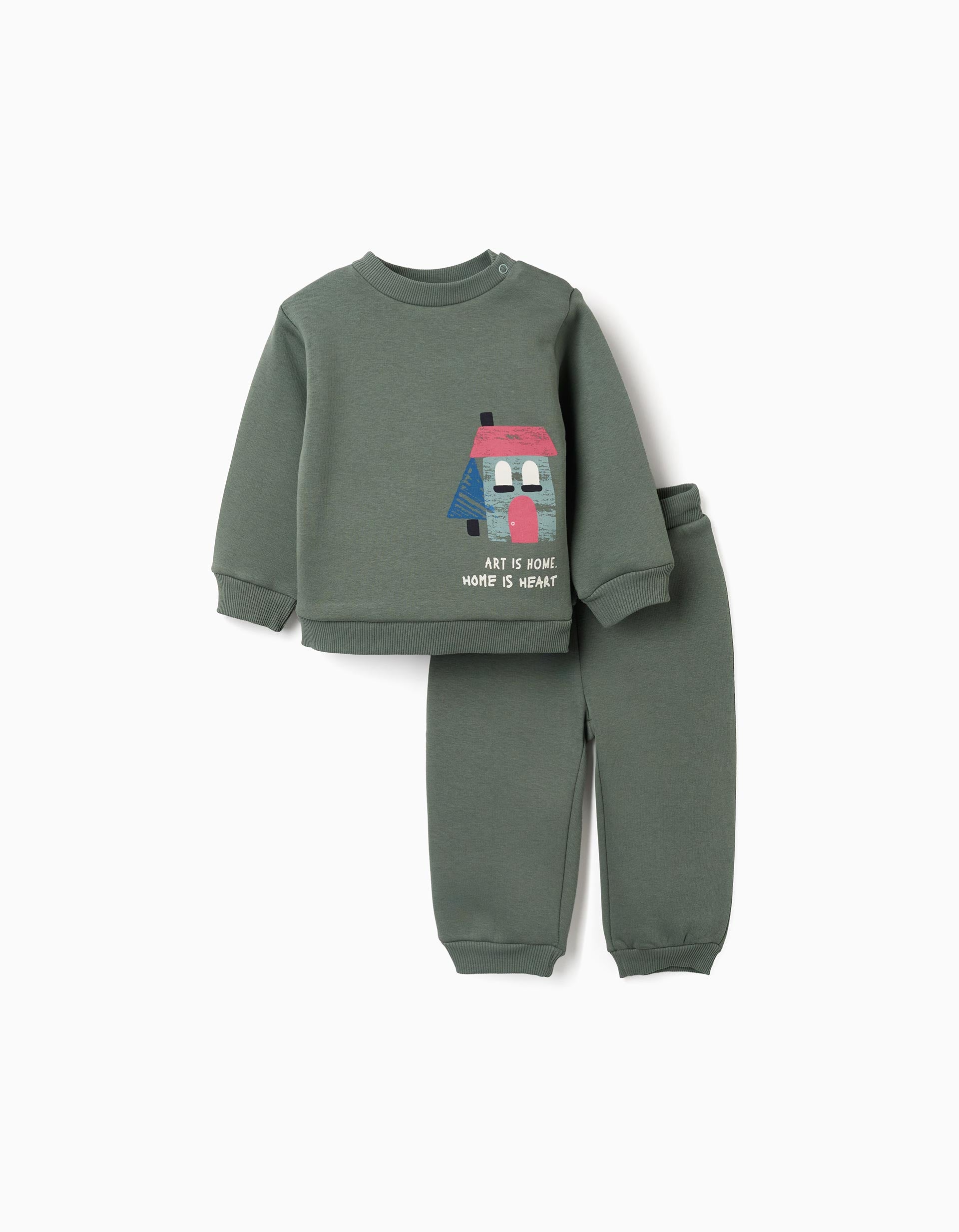 Brushed jogging set with house print for baby boys, dark green
