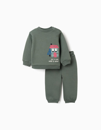 Brushed jogging set with house print for baby boys, dark green