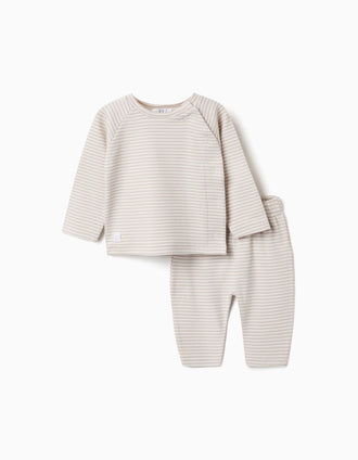 Top de manga larga y pantalón a rayas para recién nacidos, beige/blanco