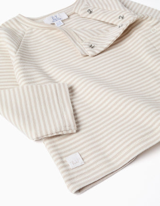 Top de manga larga y pantalón a rayas para recién nacidos, beige/blanco