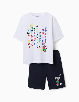 T-shirt de algodão + calções Looney Tunes para criança, branco/azul