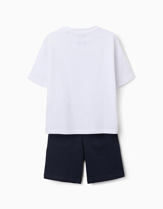 T-shirt de algodão + calções Looney Tunes para criança, branco/azul