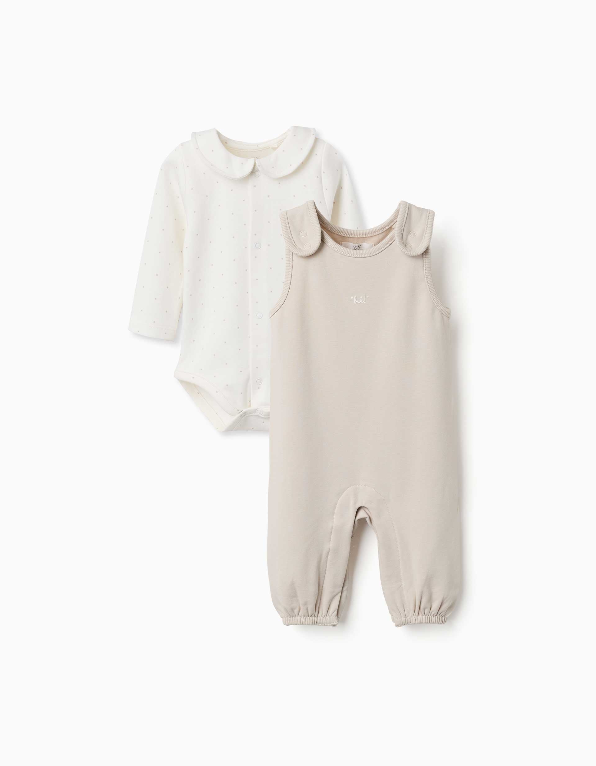 Conjunto de body e macacão de algodão para recém-nascidos, branco/bege