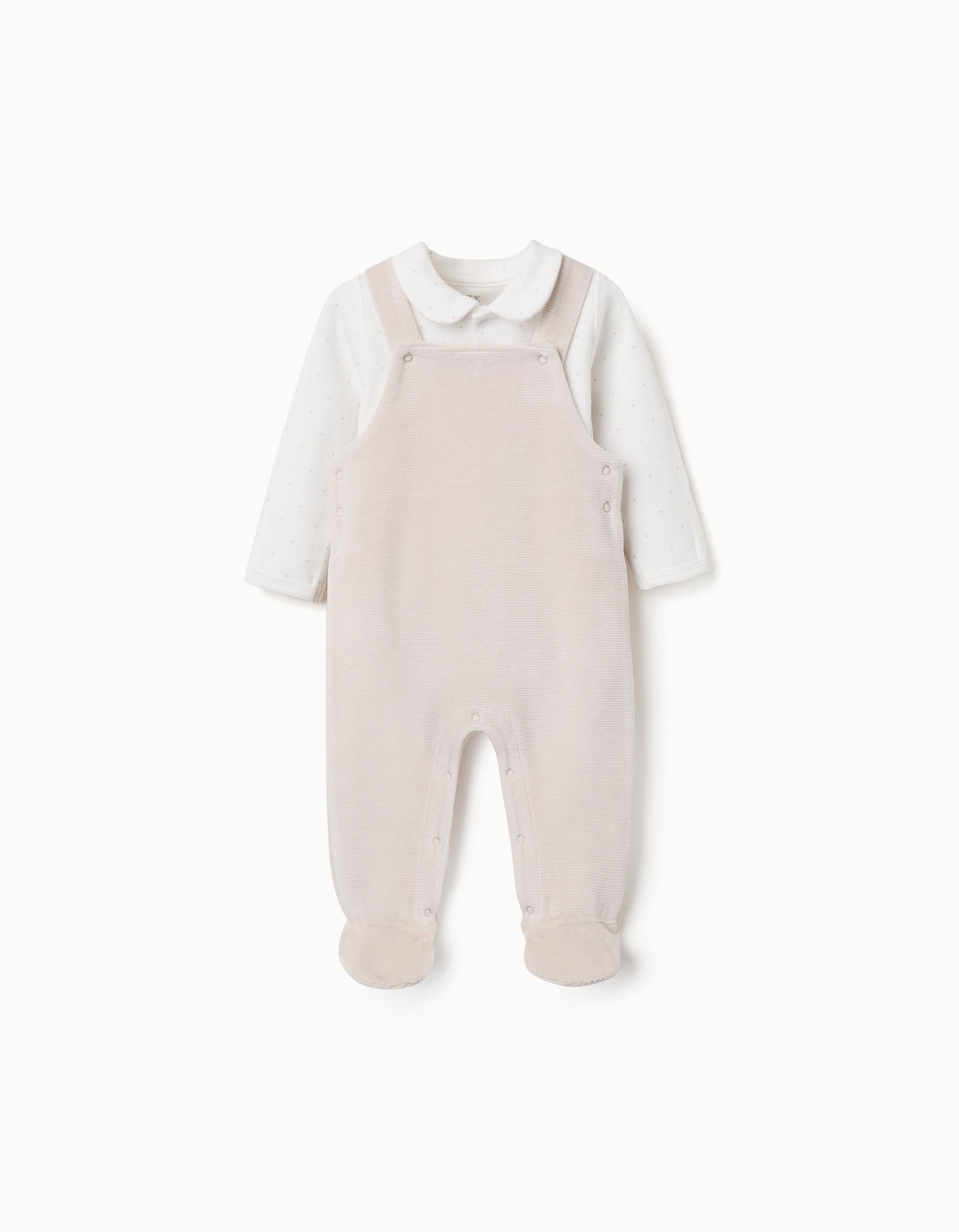 Cotton bodysuit + velvet dungarees set for newborns, white/beige