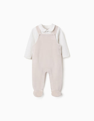 Cotton bodysuit + velvet dungarees set for newborns, white/beige