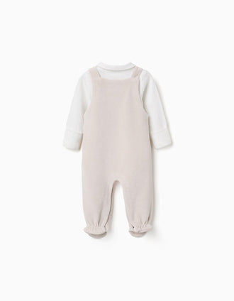 Cotton bodysuit + velvet dungarees set for newborns, white/beige